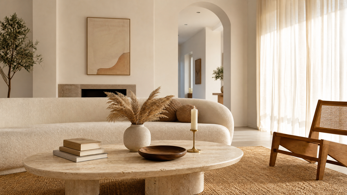 Oval travertine coffee table styled with books, dried pampas grass vase and brass candle holder in a modern UK living room