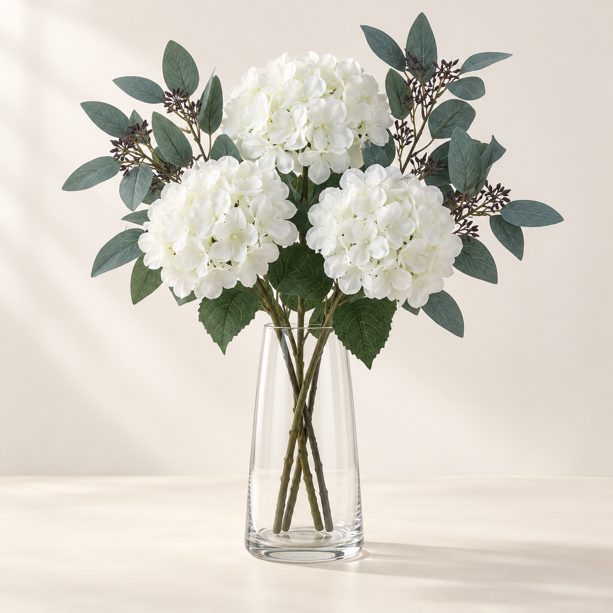 Soft White artificial flower set styled in a clear glass vase. AI-generated illustration; vase not included.
