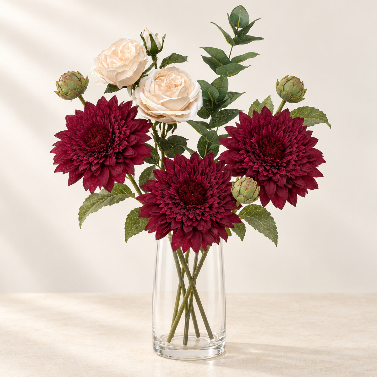 Burgundy Romance artificial flowers styled in a clear glass vase. AI-generated illustration; vase not included.