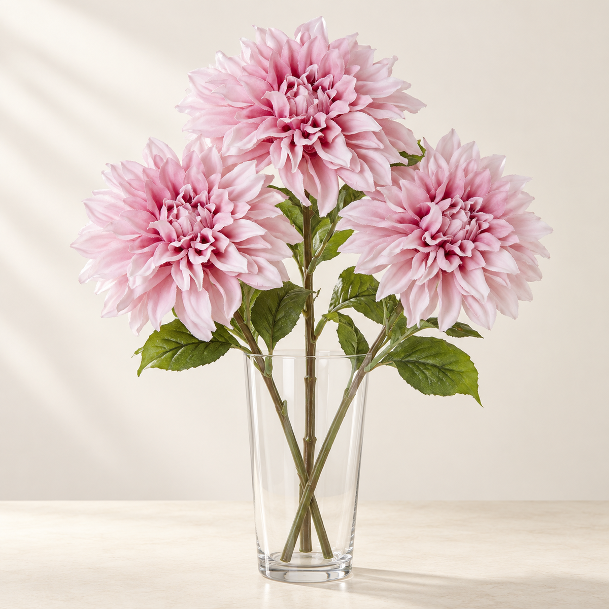 Pink Dahlia (3 stems) artificial flowers in a clear glass vase. AI-generated styling illustration; vase not included.