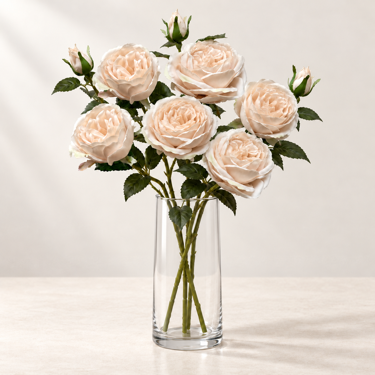 Blush Rose (3 stems) artificial flowers in a clear glass vase. AI-generated styling illustration; vase not included.