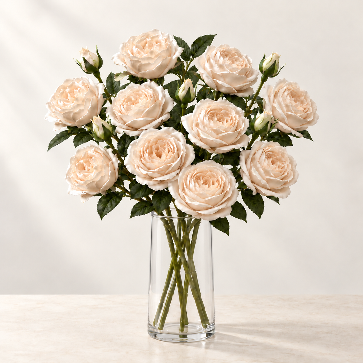 Blush Rose (5 stems) artificial flowers in a clear glass vase. AI-generated styling illustration; vase not included.