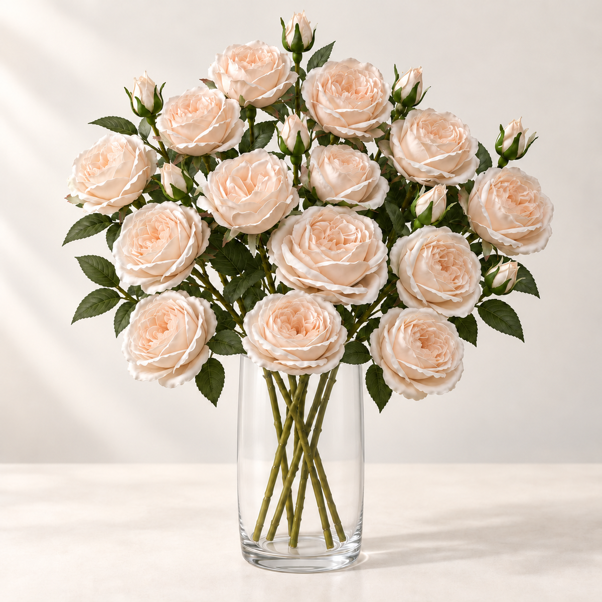 Blush Rose (7 stems) artificial flowers in a clear glass vase. AI-generated styling illustration; vase not included.