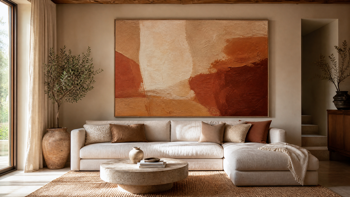 Large oversized abstract canvas in terracotta and sand tones above a cream sofa in a modern UK living room — 2026 wall art trends