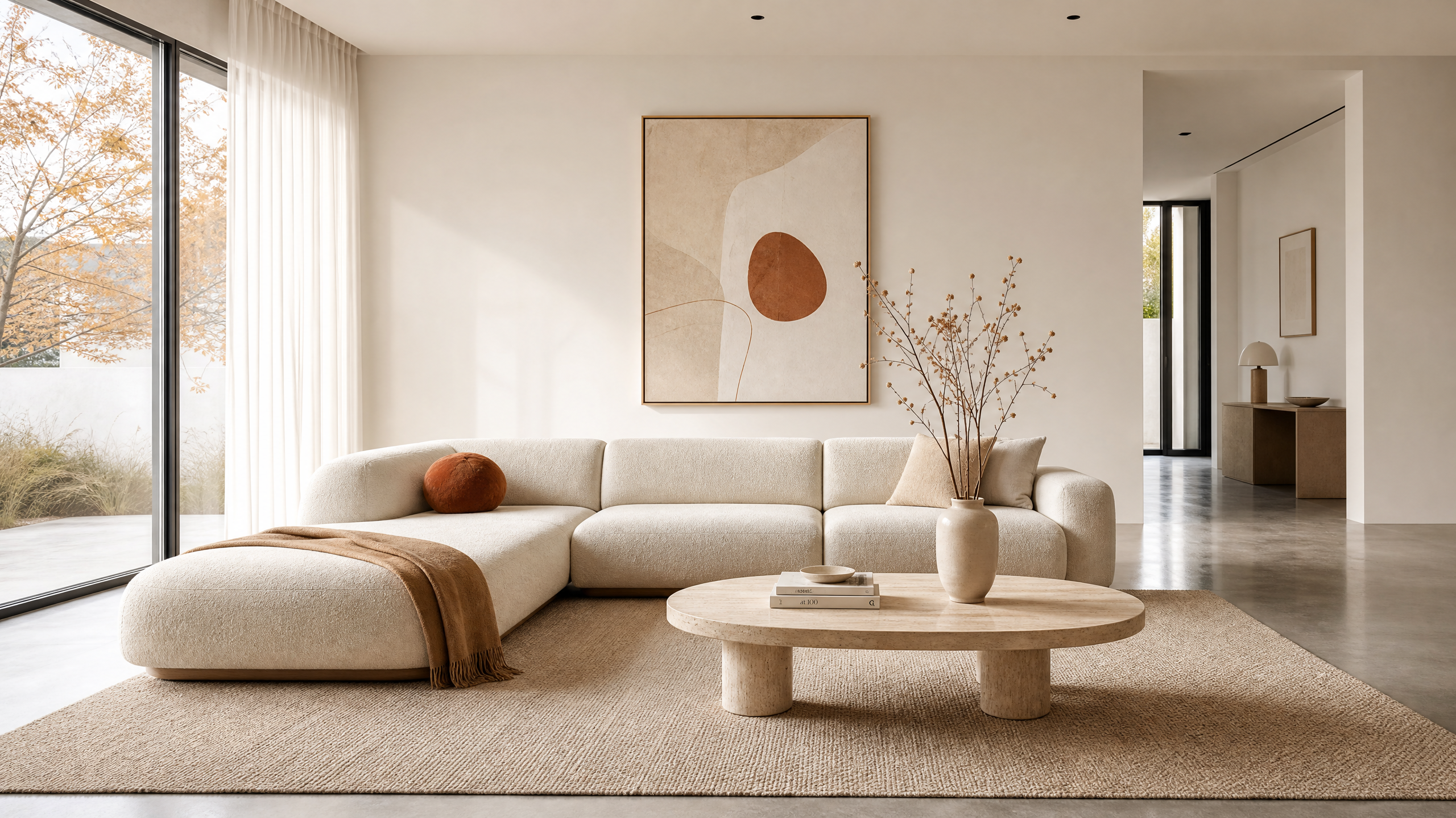 Modern clean living room interior showcasing 2026 seasonal home decor trends with warm neutral tones