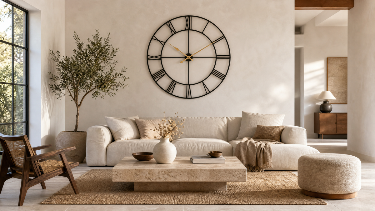 Large oversized matte black open-frame wall clock with gold hands above a cream sofa in a modern UK living room — 2026 wall clock trends