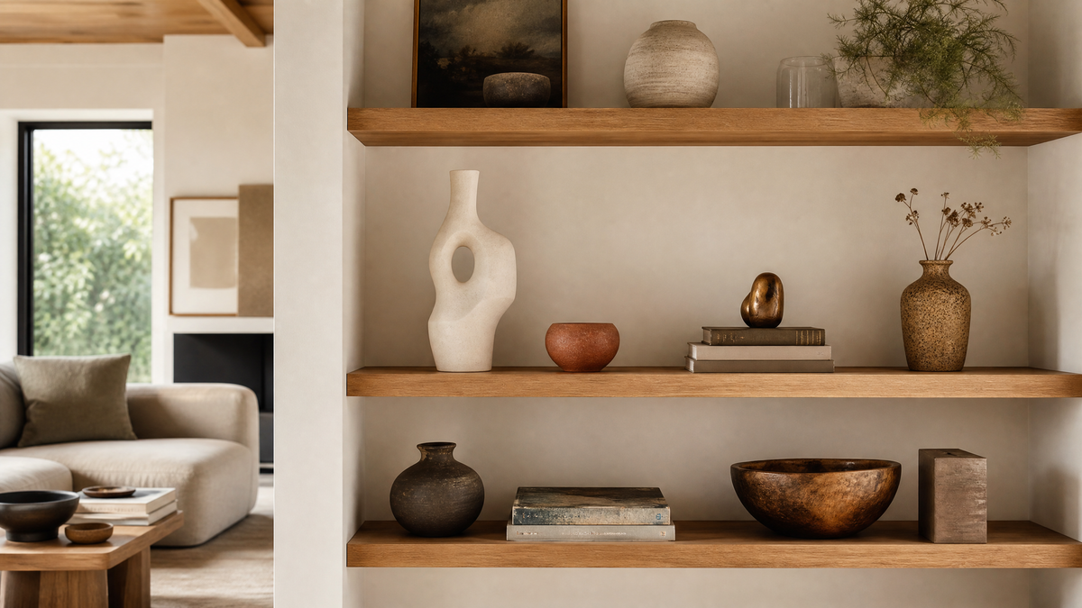 Beautifully styled oak shelves with curated ornaments — abstract white ceramic, terracotta bowl, bronze object, books and dried botanicals — in a modern UK living room