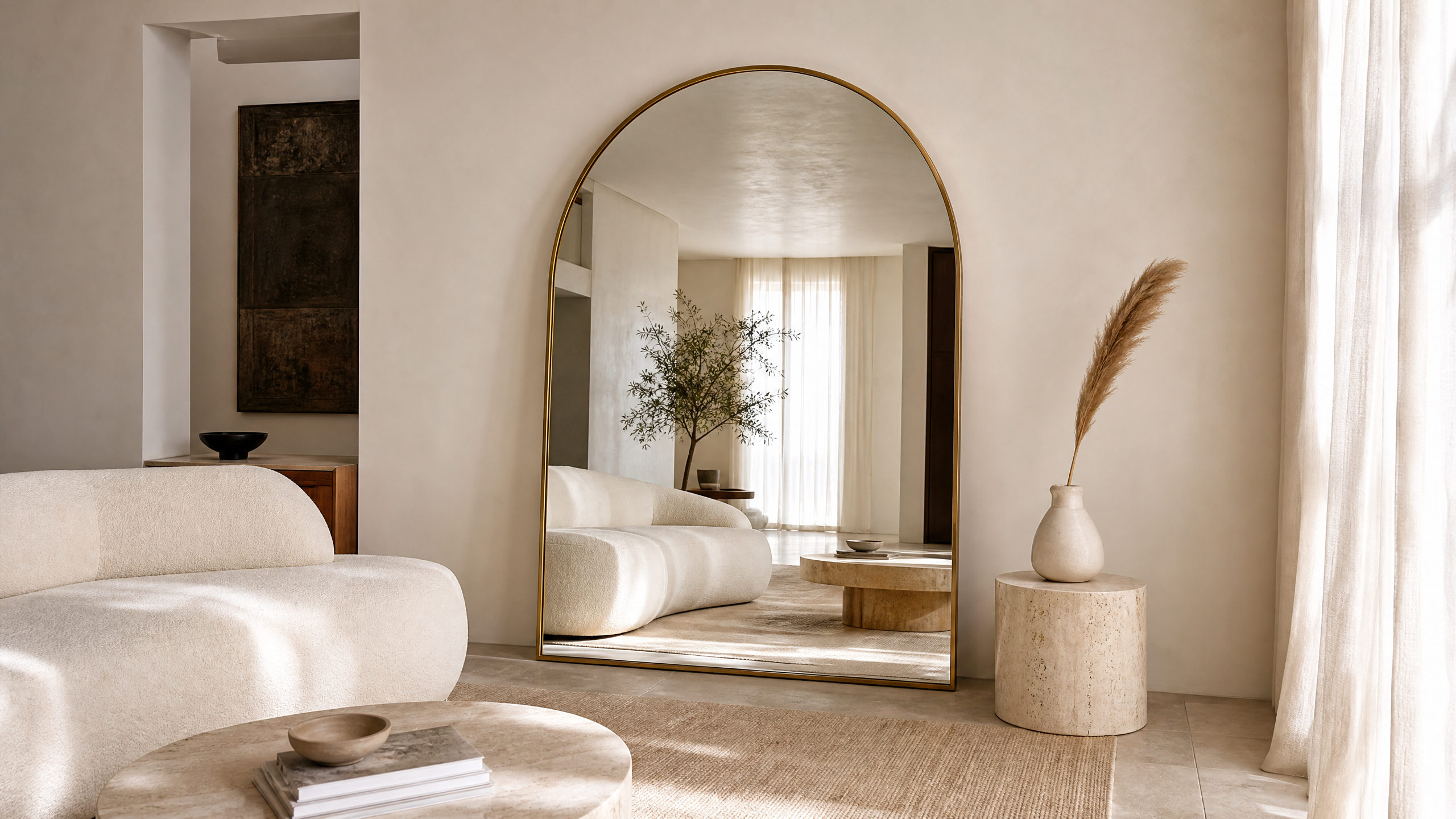 Large arched brass mirror leaning against a limewashed wall in a modern, clean UK living room — 2026 mirror trends