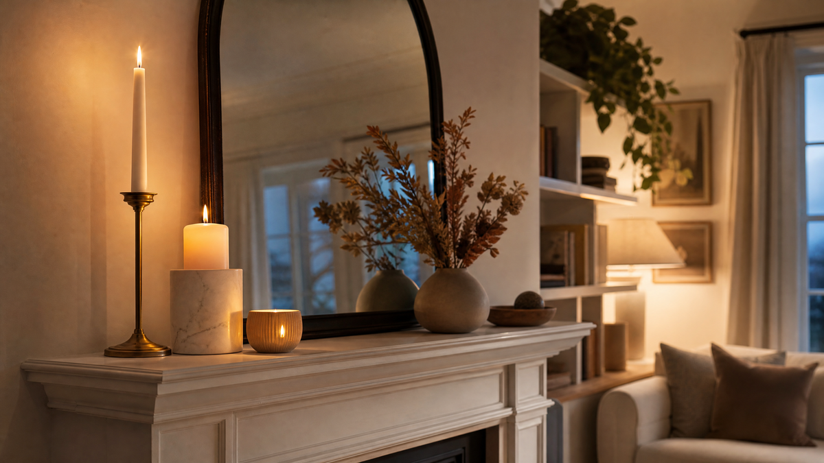 Three candle holders on a white UK fireplace mantelpiece — brass taper candlestick, marble pillar holder, and ceramic tea light cup — casting warm golden candlelight