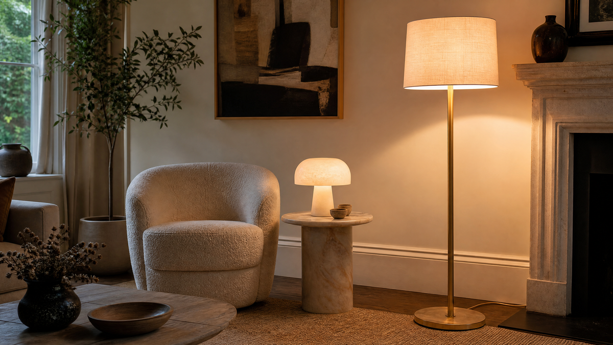 Modern UK living room corner with a brass floor lamp and alabaster table lamp creating warm layered lighting — 2026 lighting trends
