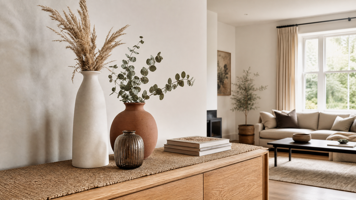 Three decorative vases on an oak console table — tall white ceramic with pampas grass, round terracotta with eucalyptus, and small ribbed smoked glass — styled in a modern UK home