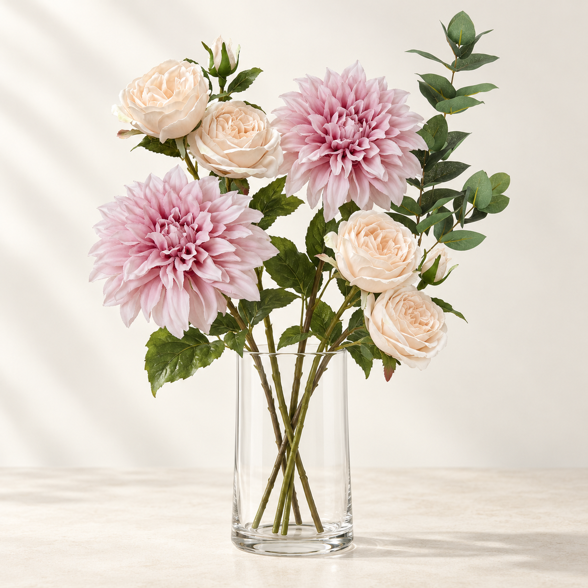 Blush Garden artificial flowers styled in a clear glass vase. AI-generated illustration; vase not included.