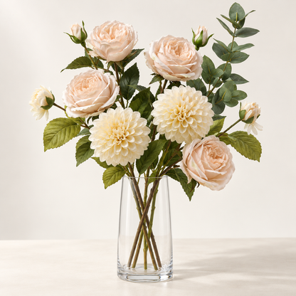 Ivory & Champagne artificial flowers styled in a clear glass vase. AI-generated illustration; vase not included.
