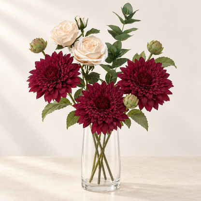 Burgundy Romance artificial flowers styled in a clear glass vase. AI-generated illustration; vase not included.