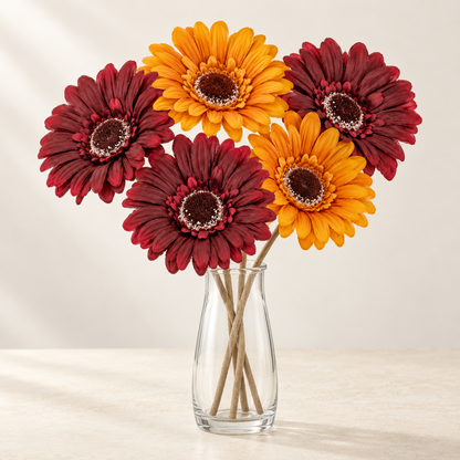 Autumn Glow artificial flowers styled in a clear glass vase. AI-generated illustration; vase not included.