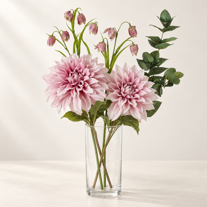 Purple Cottage artificial flowers styled in a clear glass vase. AI-generated illustration; vase not included.