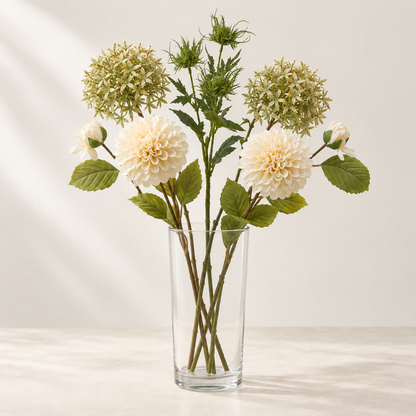 Woodland Cream artificial flowers styled in a clear glass vase. AI-generated illustration; vase not included.