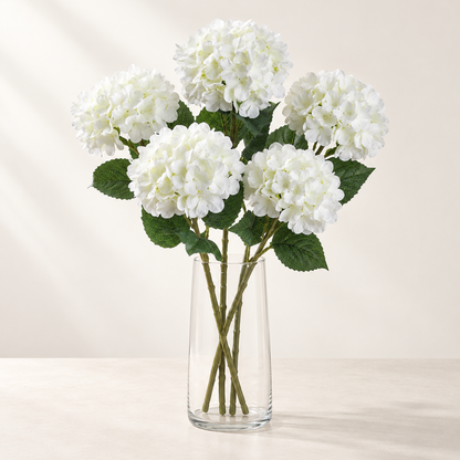 White Hydrangea (5 stems) artificial flowers in a clear glass vase. AI-generated styling illustration; vase not included.