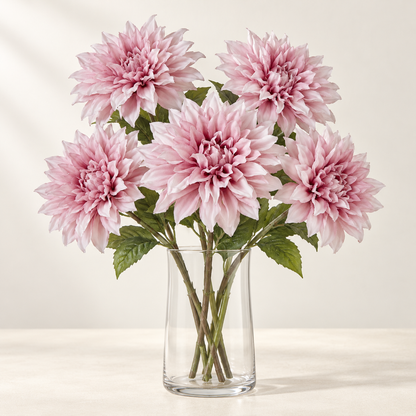 Pink Dahlia (5 stems) artificial flowers in a clear glass vase. AI-generated styling illustration; vase not included.