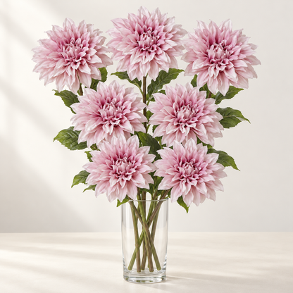 Pink Dahlia (7 stems) artificial flowers in a clear glass vase. AI-generated styling illustration; vase not included.