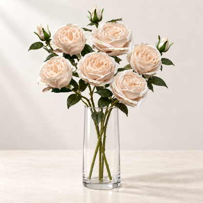 Blush Rose (3 stems) artificial flowers in a clear glass vase. AI-generated styling illustration; vase not included.