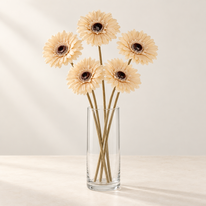 Cream Gerbera (5 stems) artificial flowers in a clear glass vase. AI-generated styling illustration; vase not included.