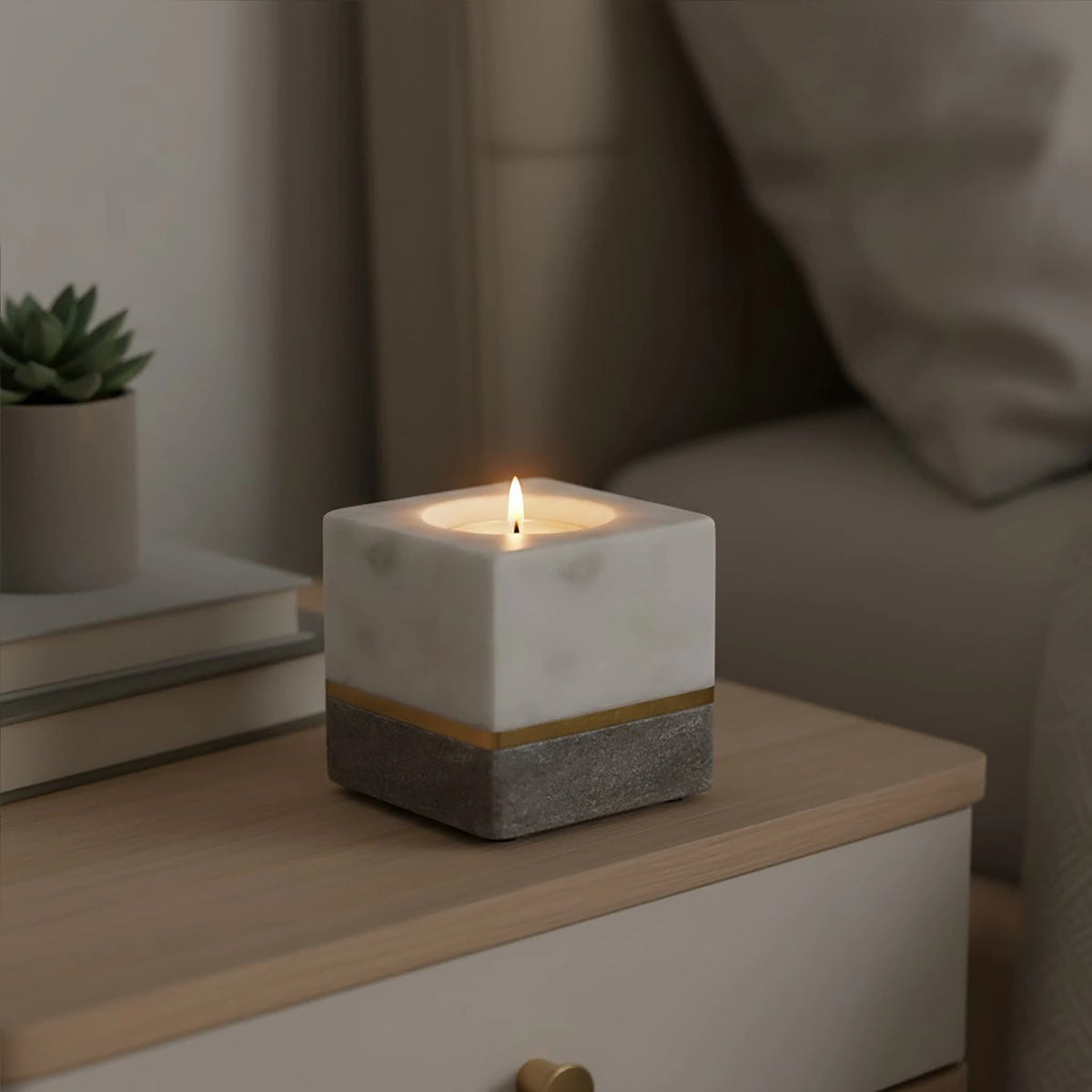 Lecco White Grey Marble Tealight Holder image 6